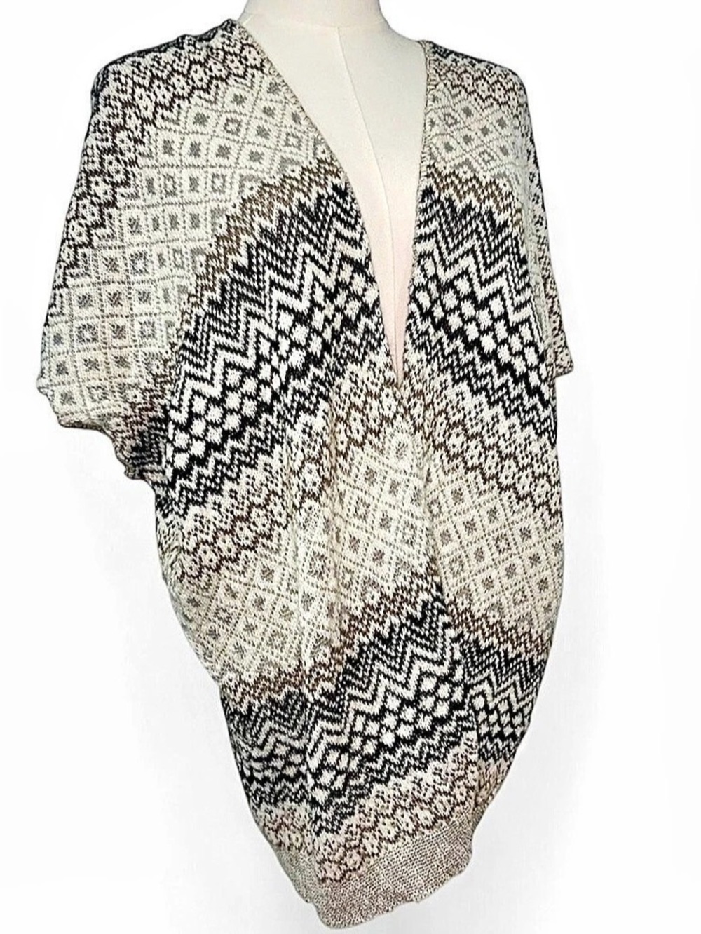 Fair Isle Knit Shrug Charcoal Cream Open Front Oversized Wrap Cardigan Sweater M